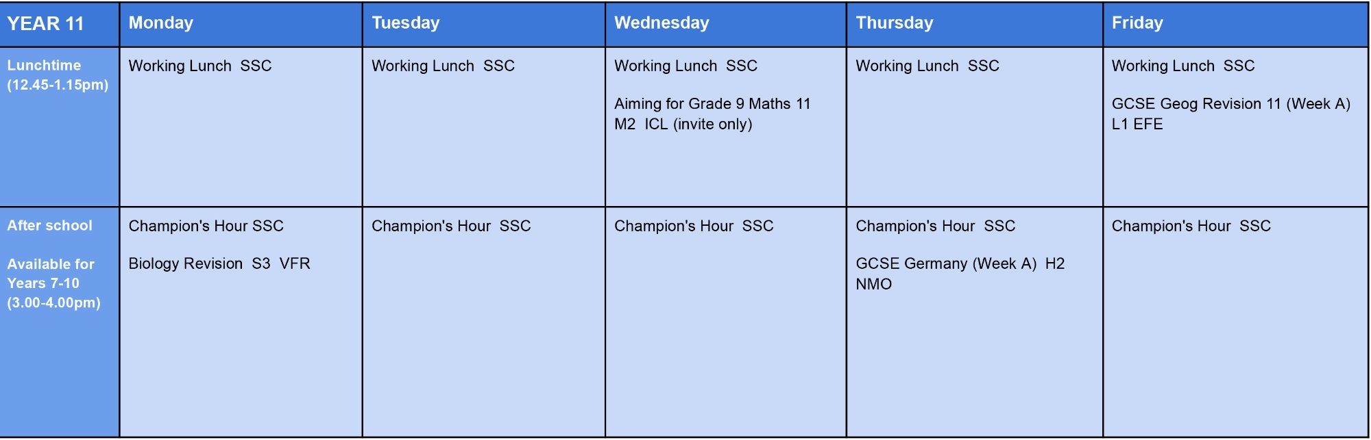 Table of clubs for students in year 11. The full list can be downloaded as a pdf at the bottom of the page.