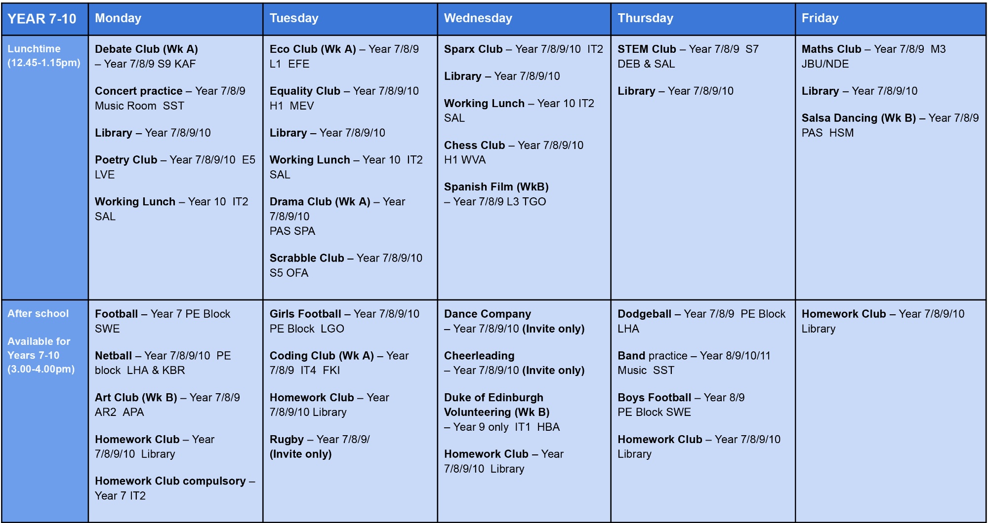 Table of clubs for students in years 7-10. The full list can be downloaded as a pdf at the bottom of the page.