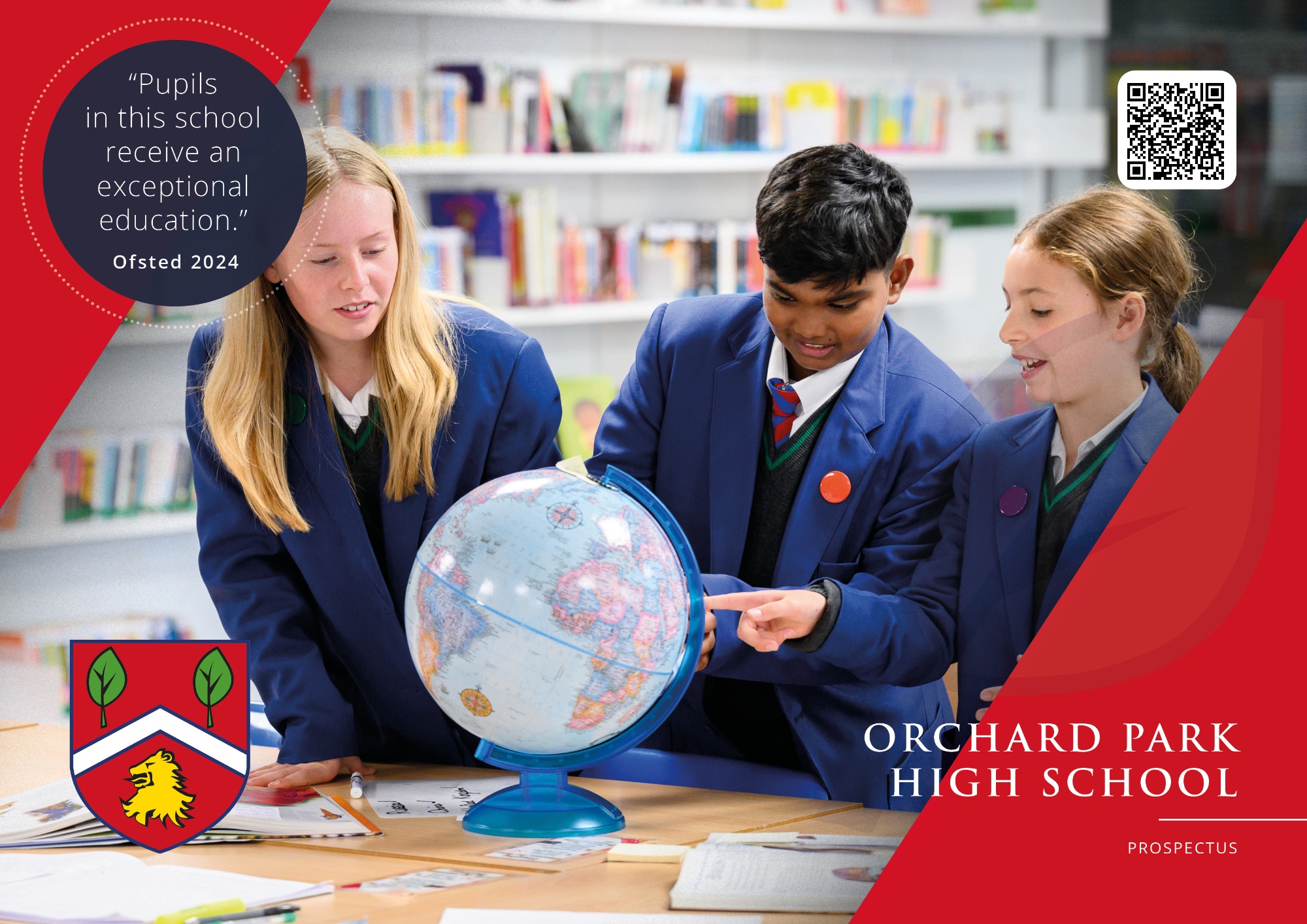 Front cover of prospectus with image of three students looking at a globe.