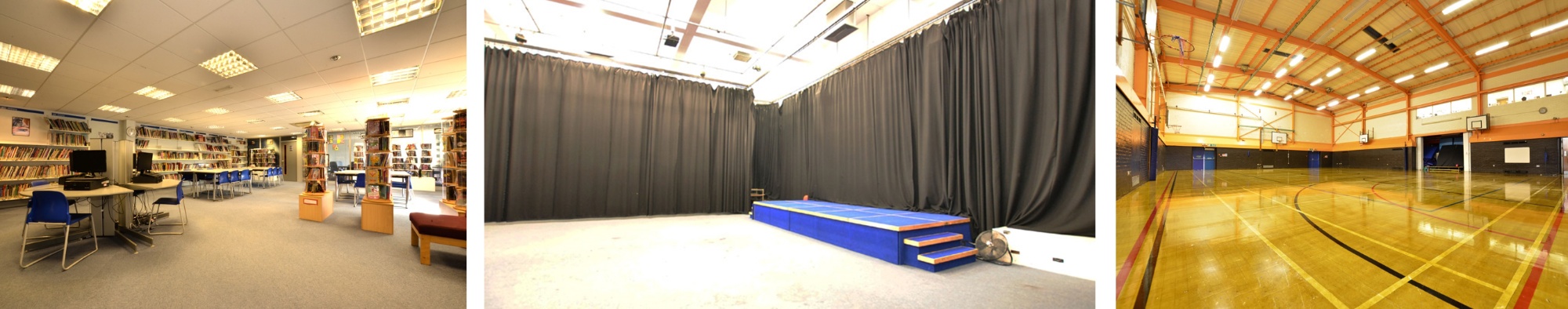 Photos of the school library, the drama studio and one of the sports halls.