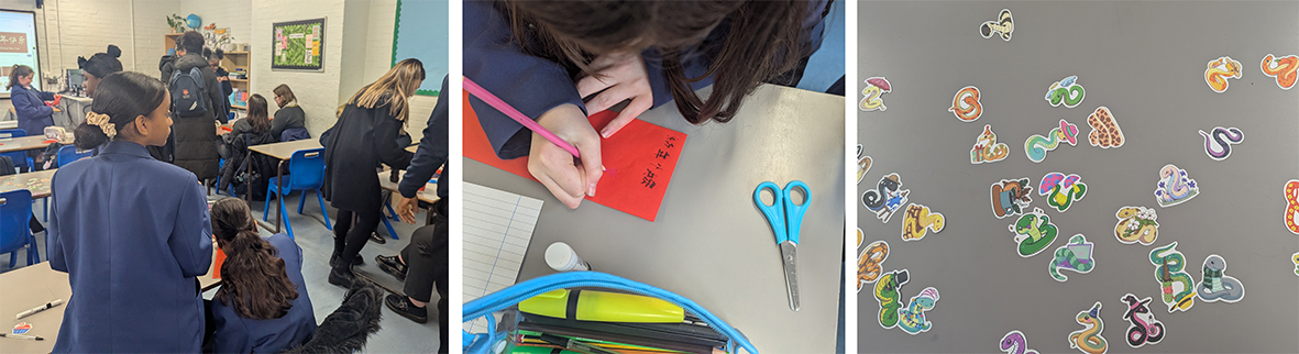 Three iamges: two of students sitting in a classroom and doing a quiz and  one of lots of fortune cookie stickers