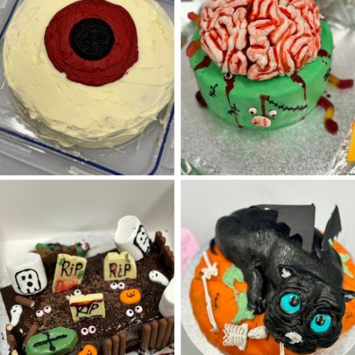 Photo of four student halloween cakes - an eyeball, a cat, a graveyard and a bat 