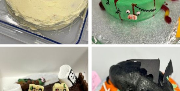 Photo of four student halloween cakes - an eyeball, a cat, a graveyard and a bat 